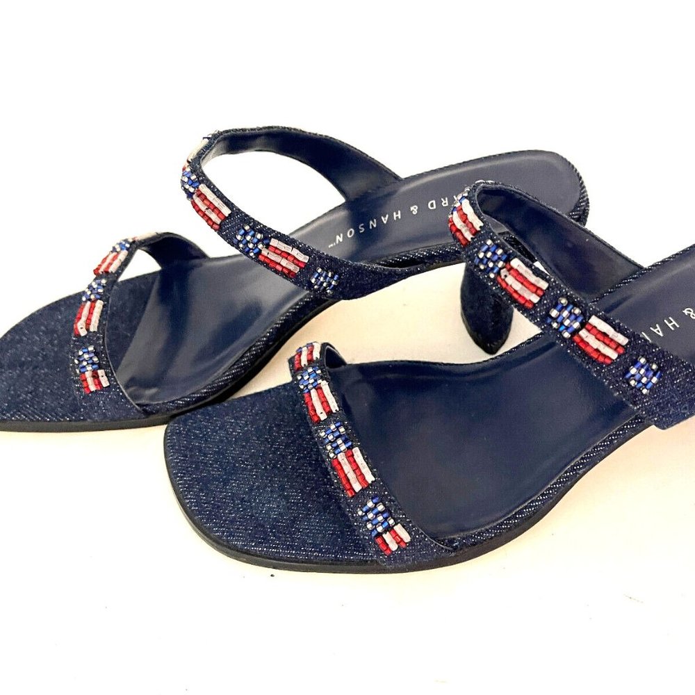 Patriotic Flag Beaded 6.5 Sandals Hillard & Hanson Womens Blue Kitten Heel Shoes